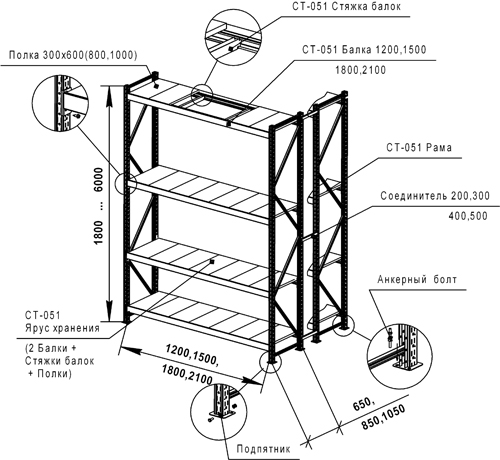Схема узлов и деталей металлического стеллажа СТ-051